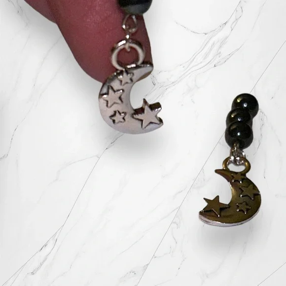 Hand Crafted Earrings Hematite Moon & Star Dangle Pierced Silver Gray Grey - Picture 5 of 9